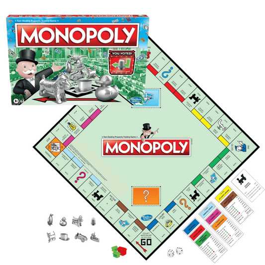 Monopoly board game with pieces, money, and instructions on how to play Monopoly