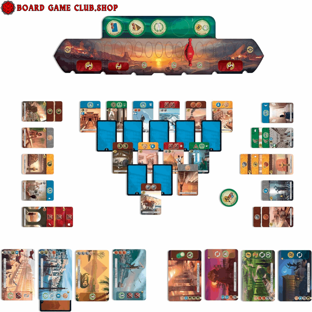 7 Wonders Duel Board Game setup featuring cards, tokens, and player boards for strategic gameplay