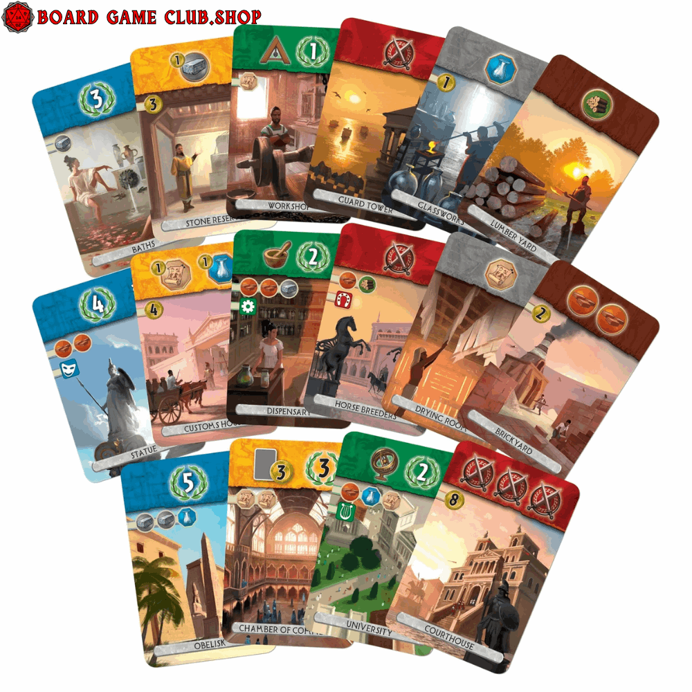 Colorful cards from the 7 Wonders Duel Board Game showcasing various resources and buildings