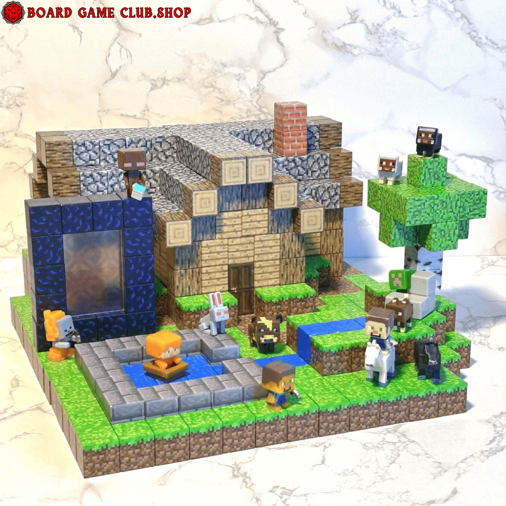 Minecraft Magnetic Blocks set featuring a detailed village scene with characters and animals
