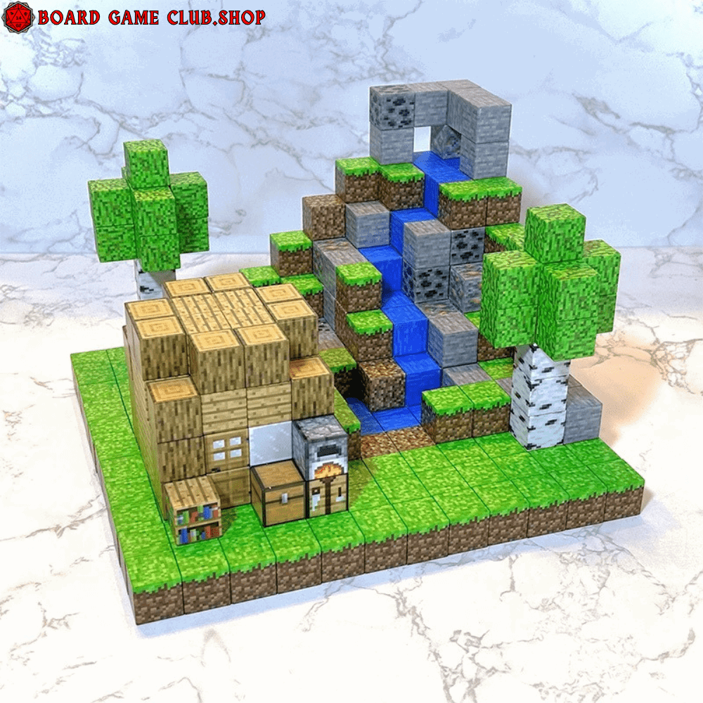 Minecraft Magnetic Blocks set featuring a river, trees, and a house for creative building fun