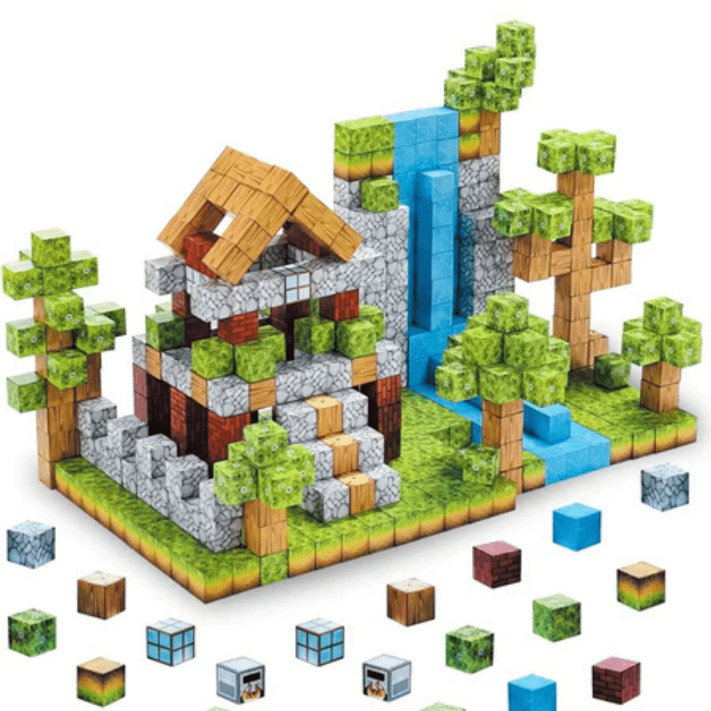 Colorful Minecraft Magnetic Blocks for creative building and imaginative play with trees and water features