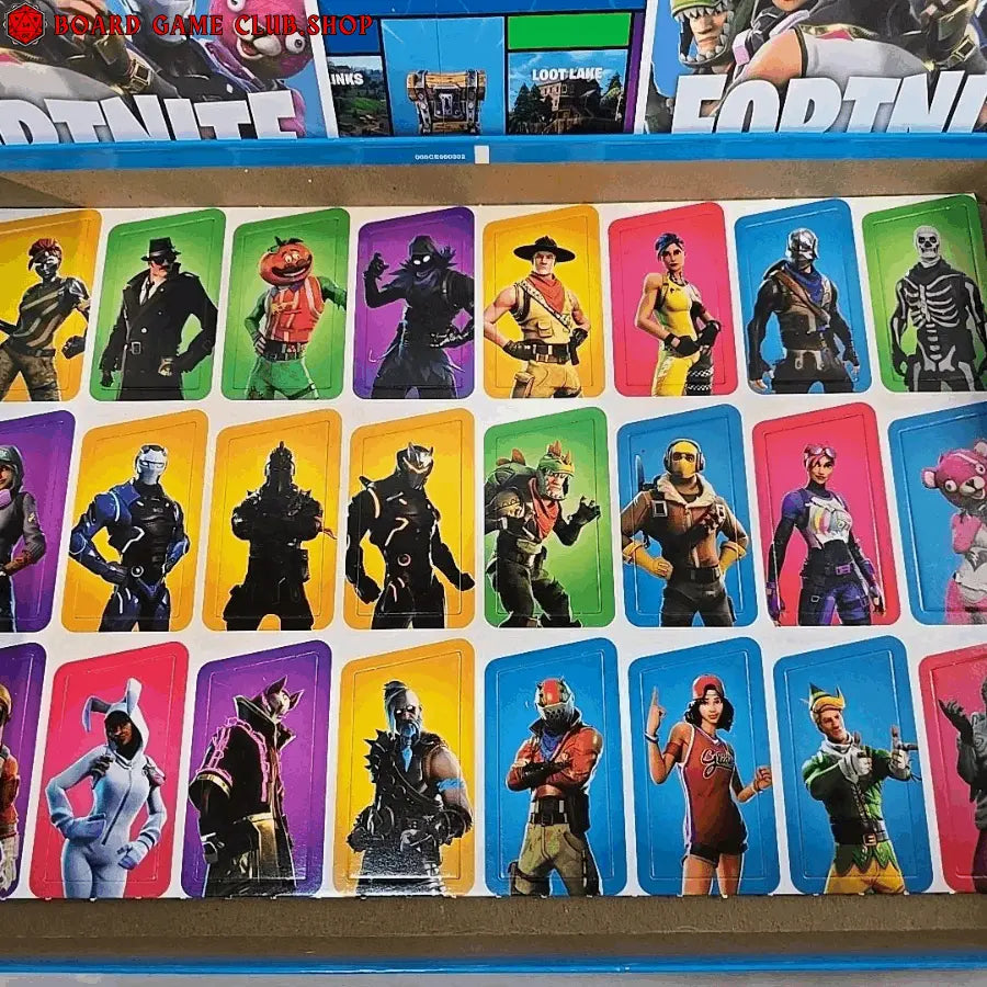 Monopoly Fortnite Edition game board featuring vibrant character cards from the Fortnite universe