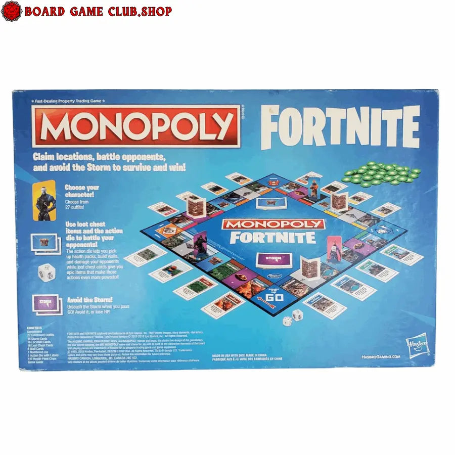 Monopoly Fortnite Edition board game featuring colorful game board and character pieces for strategy gameplay