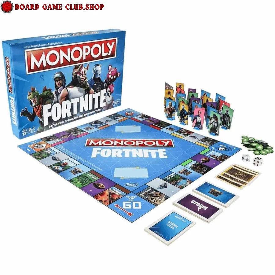Monopoly Fortnite Edition board game with colorful game board, cards, and accessories for fun family play
