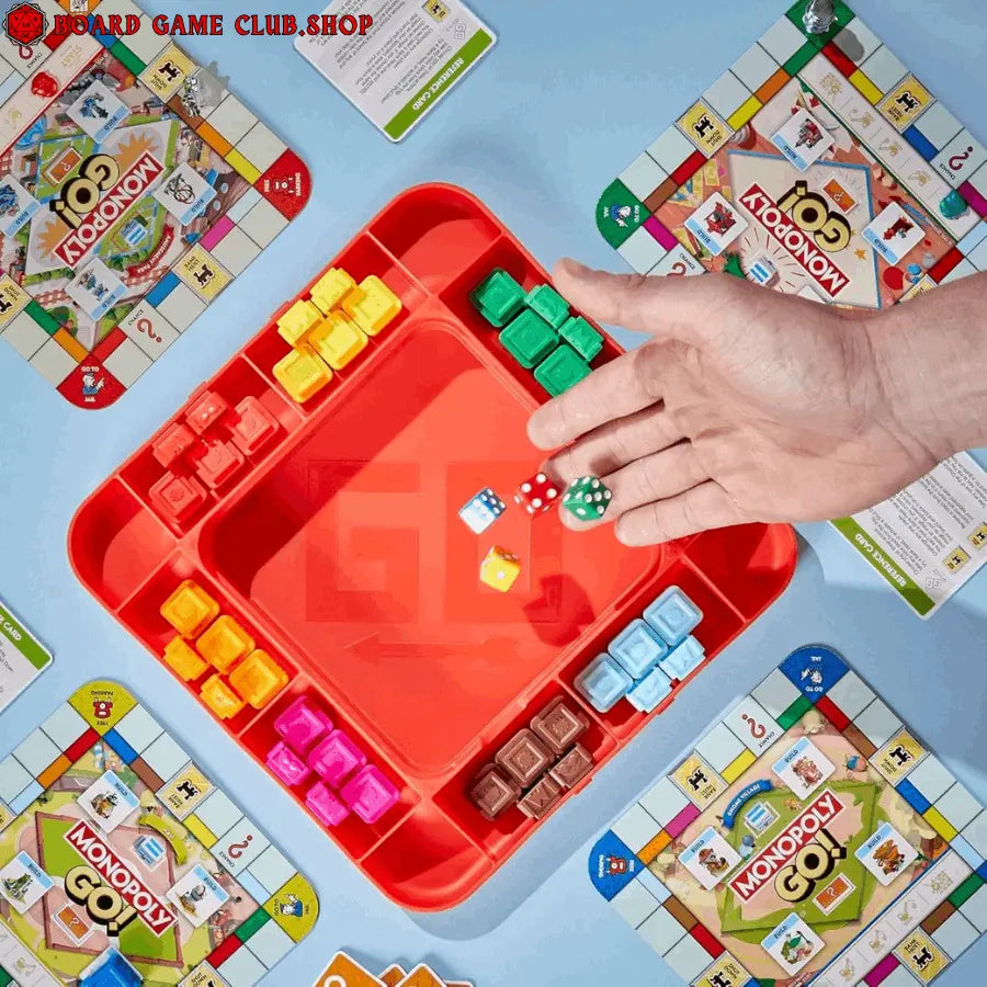 Monopoly Go game setup with colorful tokens and dice for players ready to play