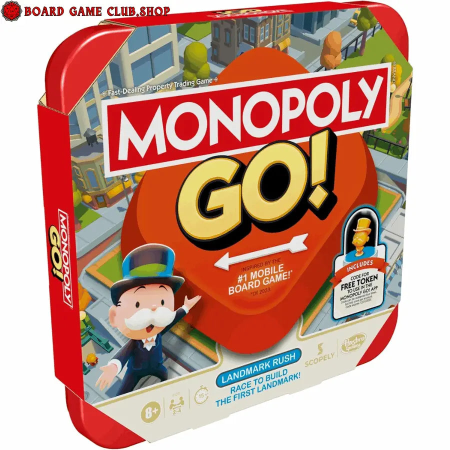 Monopoly Go board game box featuring classic characters and vibrant design for family fun