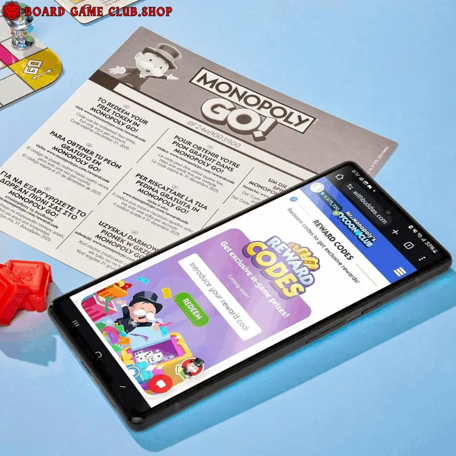 Mobile phone displaying Monopoly Go rewards page next to Monopoly Go game board and pieces