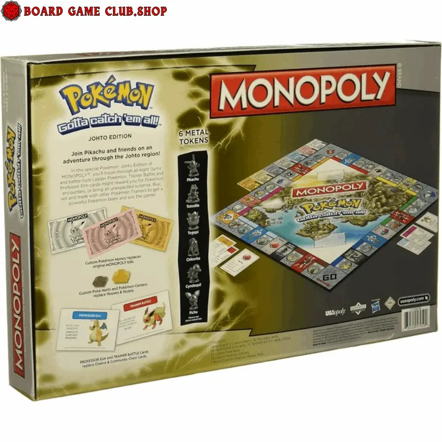 Monopoly Pokemon Johto Edition board game featuring Pikachu and six metal tokens