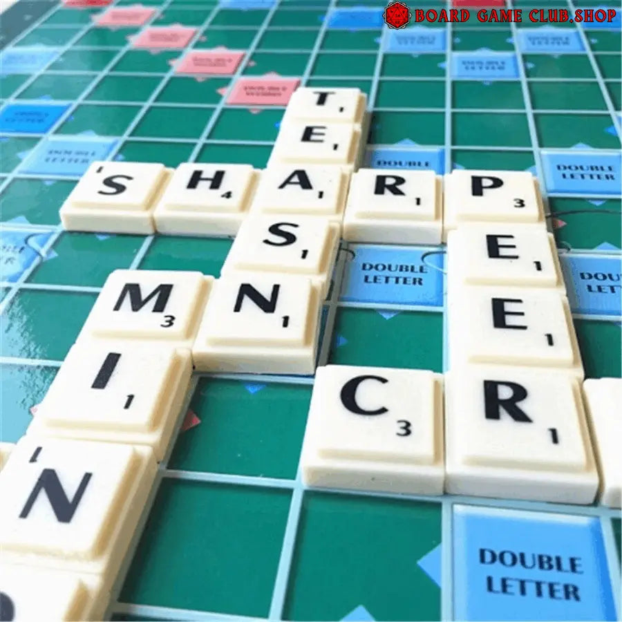 Scrabble Original board game close-up with letter tiles arranged on the game grid