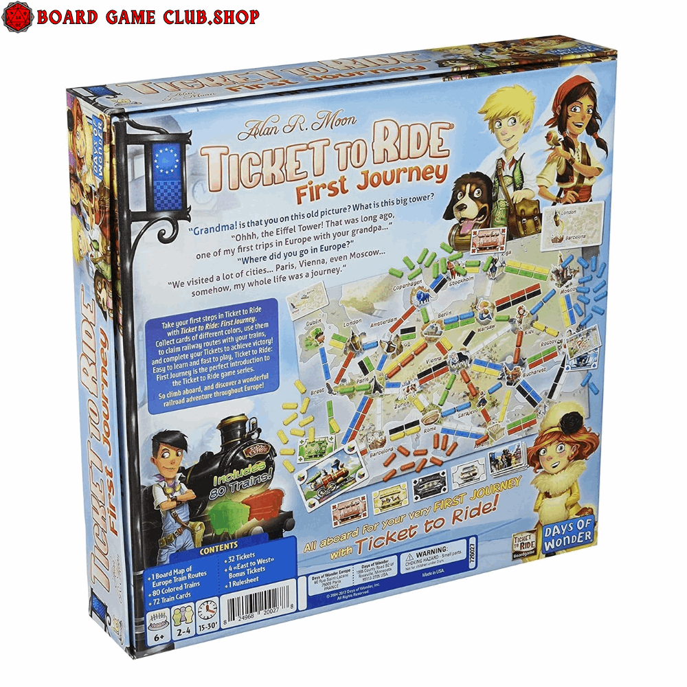 Ticket To Ride First Journey Board Game Europe box featuring colorful art and game play summary