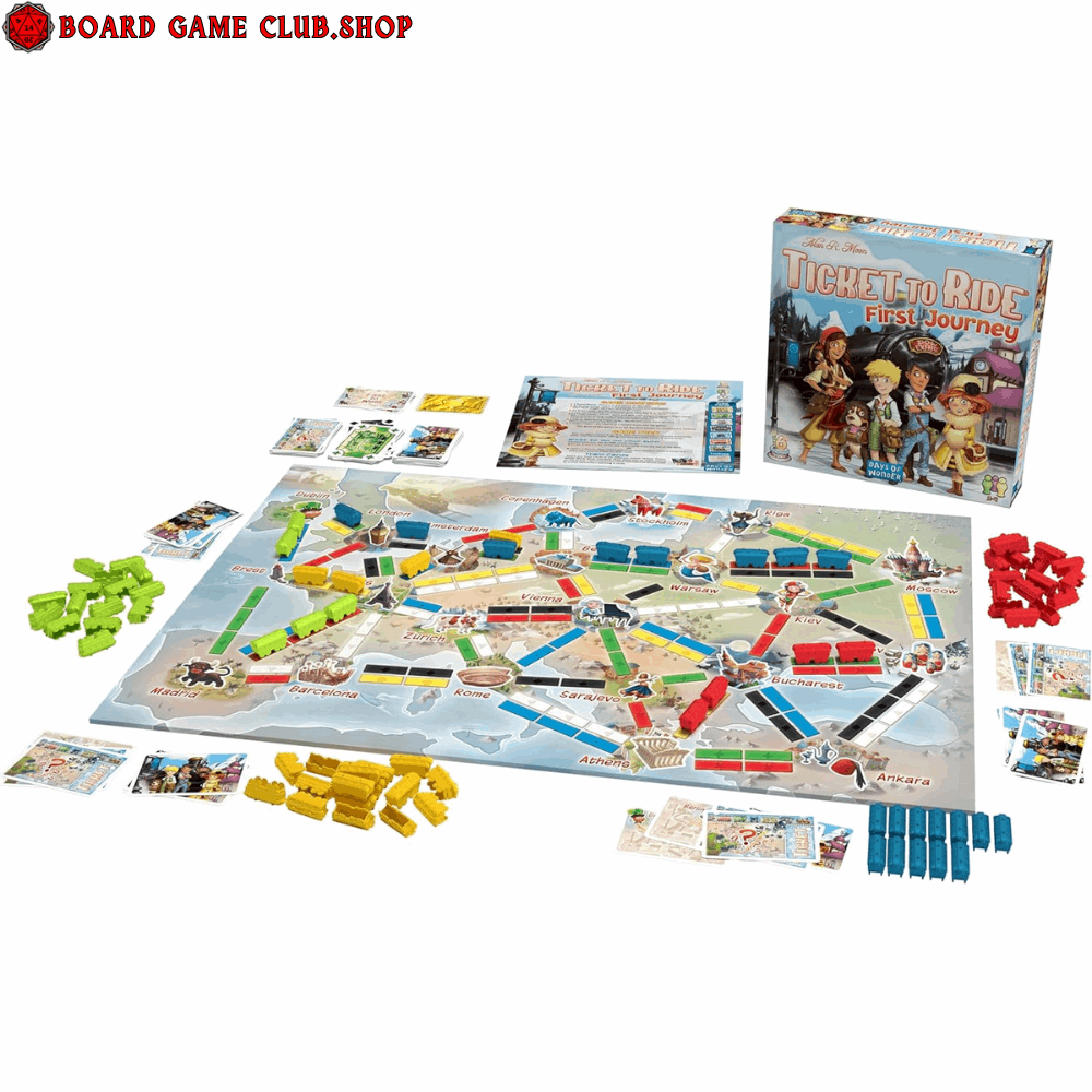 Ticket To Ride First Journey Board Game Europe with colorful game pieces and map, perfect for family fun