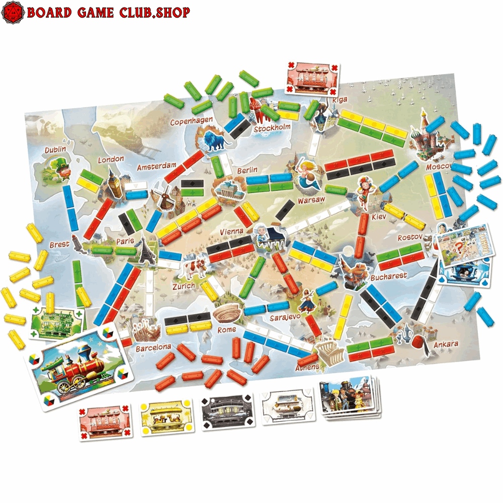 Ticket To Ride First Journey Board Game Europe with colorful train pieces and map of Europe