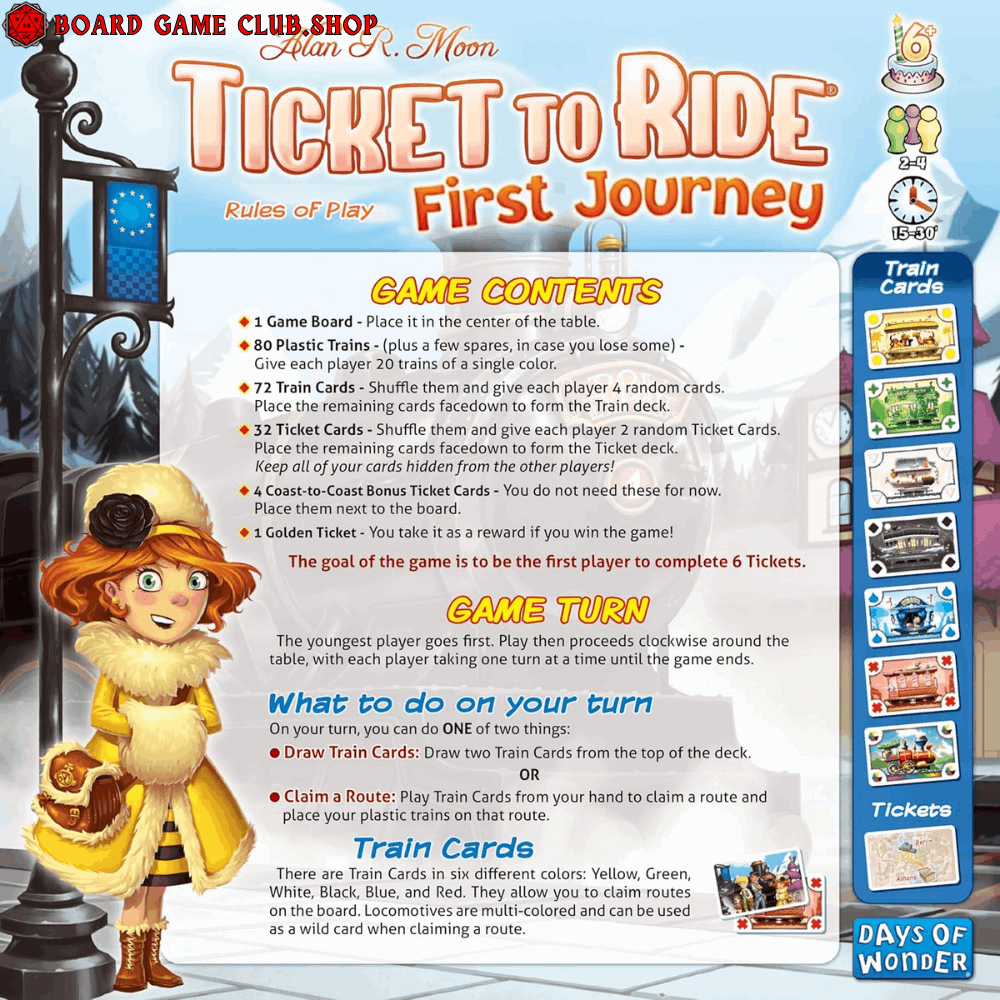 Ticket To Ride First Journey Board Game Europe rules and components layout with colorful illustrations