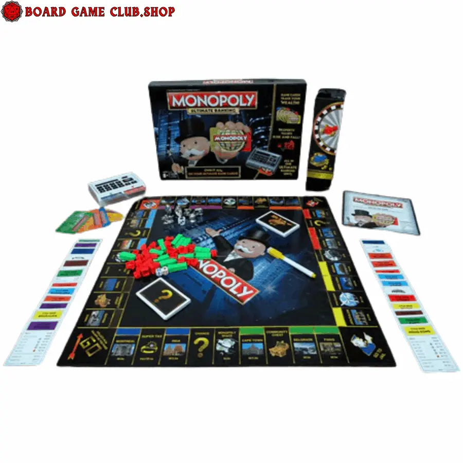 Monopoly Ultimate Banking board game set with game board, cards, and banking unit for family fun