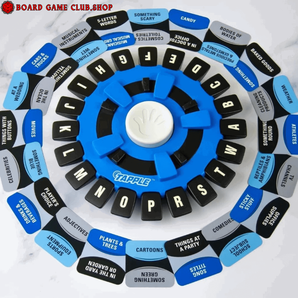 Tapple word game with black and blue circular design, featuring categories on removable tiles