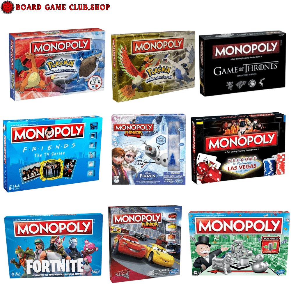 Collection of Monopoly Diced Variety Edition boardgames featuring various themes and characters