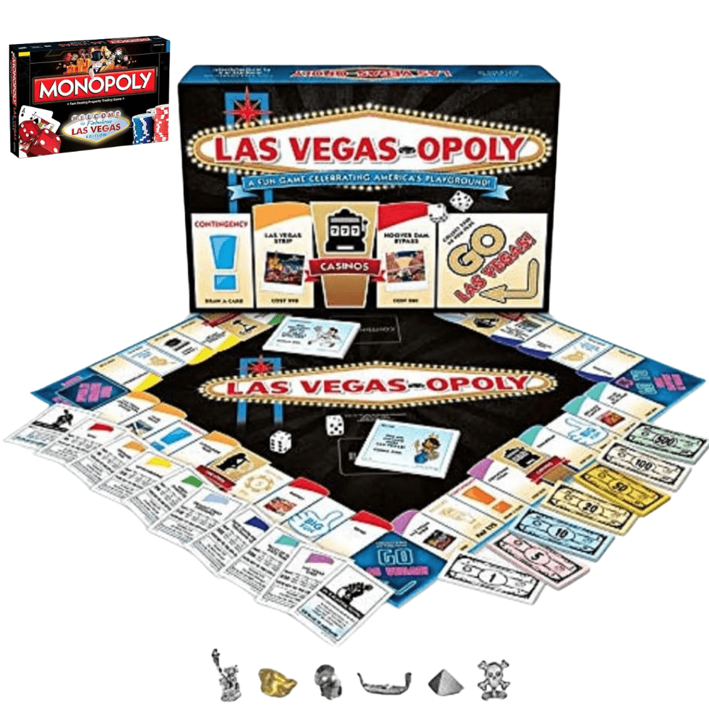 Monopoly Diced Variety Edition board game in box featuring Las Vegas theme with game pieces and cards spread out