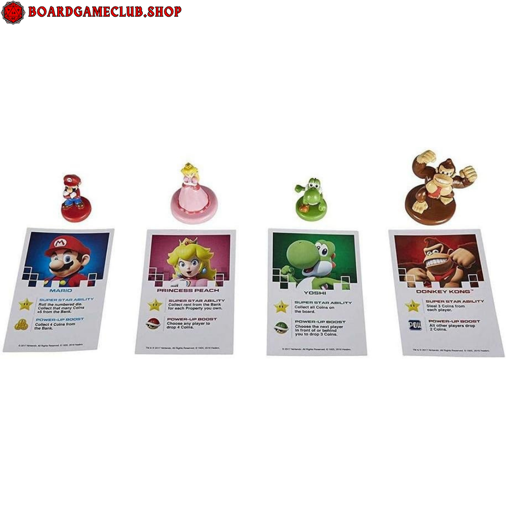 Monopoly Gamer Super Mario board game featuring Mario, Princess Peach, Yoshi, and Donkey Kong with character cards