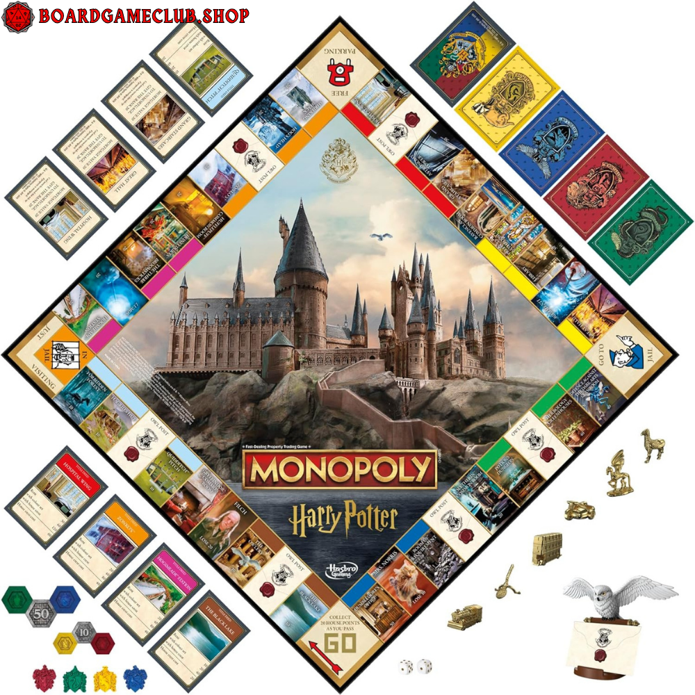 Monopoly Harry Potter Board Game featuring Hogwarts and themed playing pieces for magical family fun