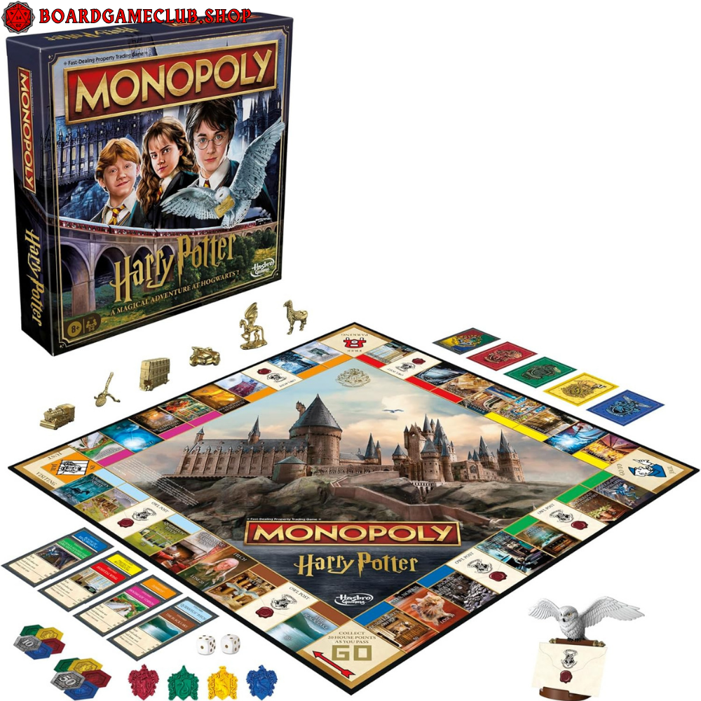 Monopoly Harry Potter board game featuring Hogwarts themed game board and collectible pieces