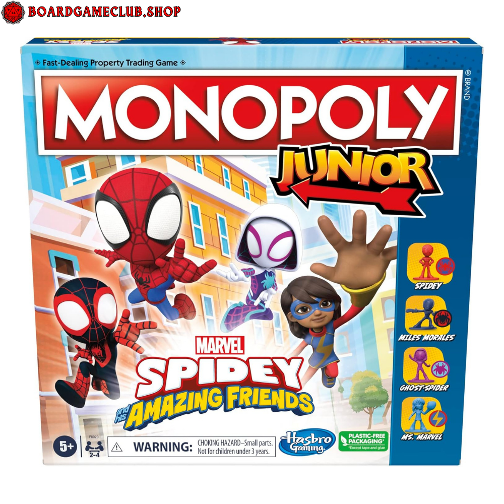 Monopoly Junior Marvel Spidey board game featuring Spidey and friends for kids ages 5 and up