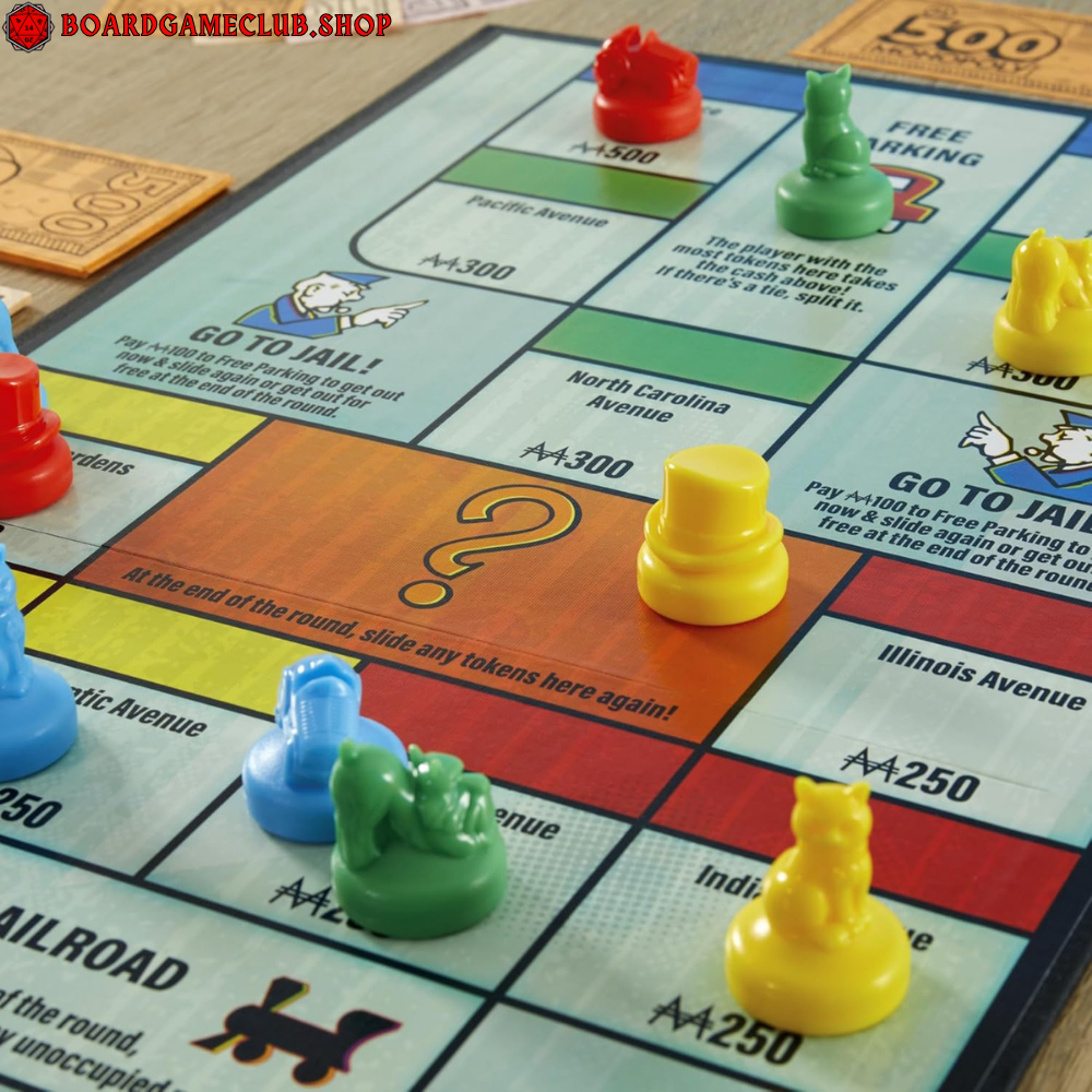Monopoly Knockout Board Game with colorful player tokens and vibrant game board layout
