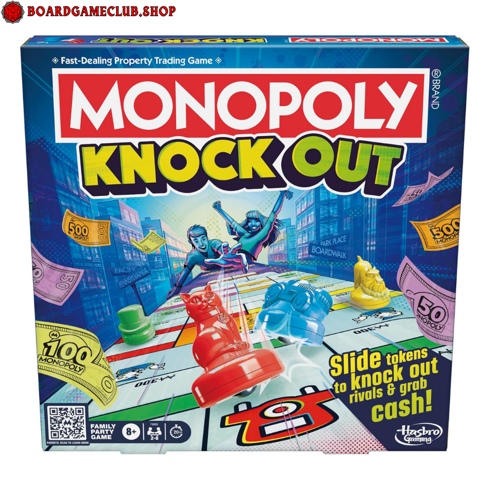 Monopoly Knockout Board Game box featuring colorful tokens and fast-dealing gameplay for family fun