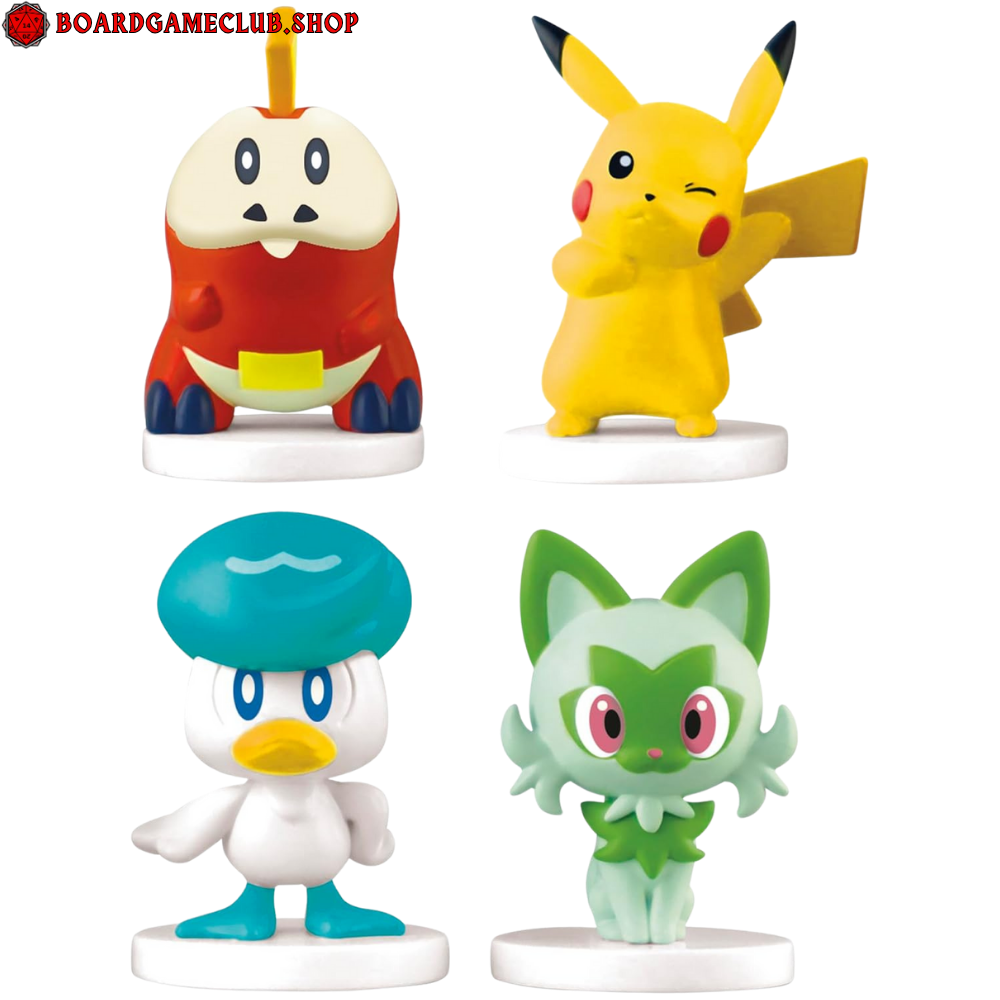 Monopoly Pokemon Edition game pieces including Pikachu, Sprigatito, Fuecoco, and Quaxly