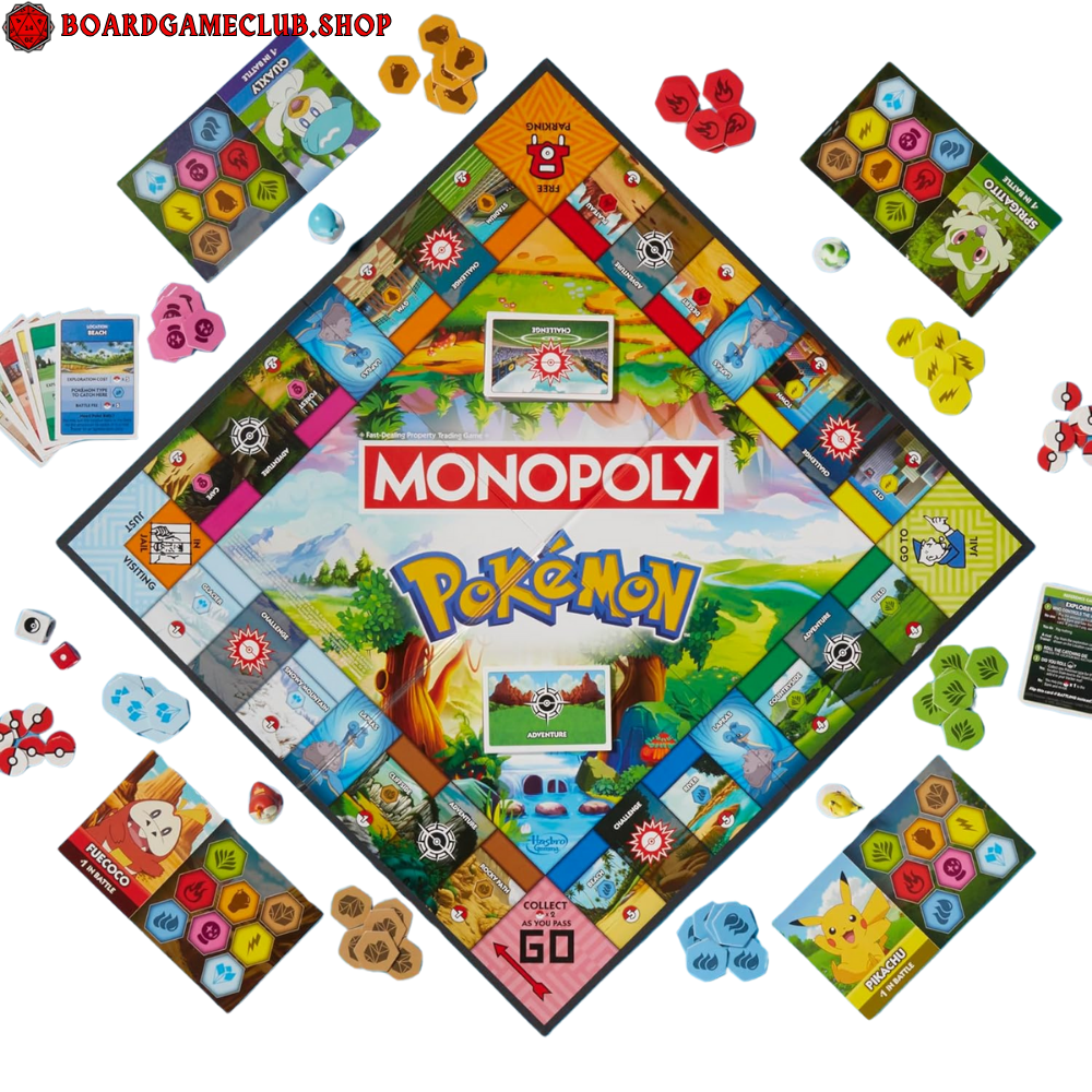 Monopoly Pokemon Edition board game featuring colorful game pieces and themed properties