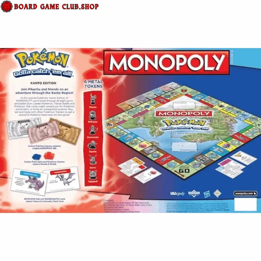 Monopoly Pokemon Kanto Edition board game featuring game pieces and Kanto map for Pokemon fans