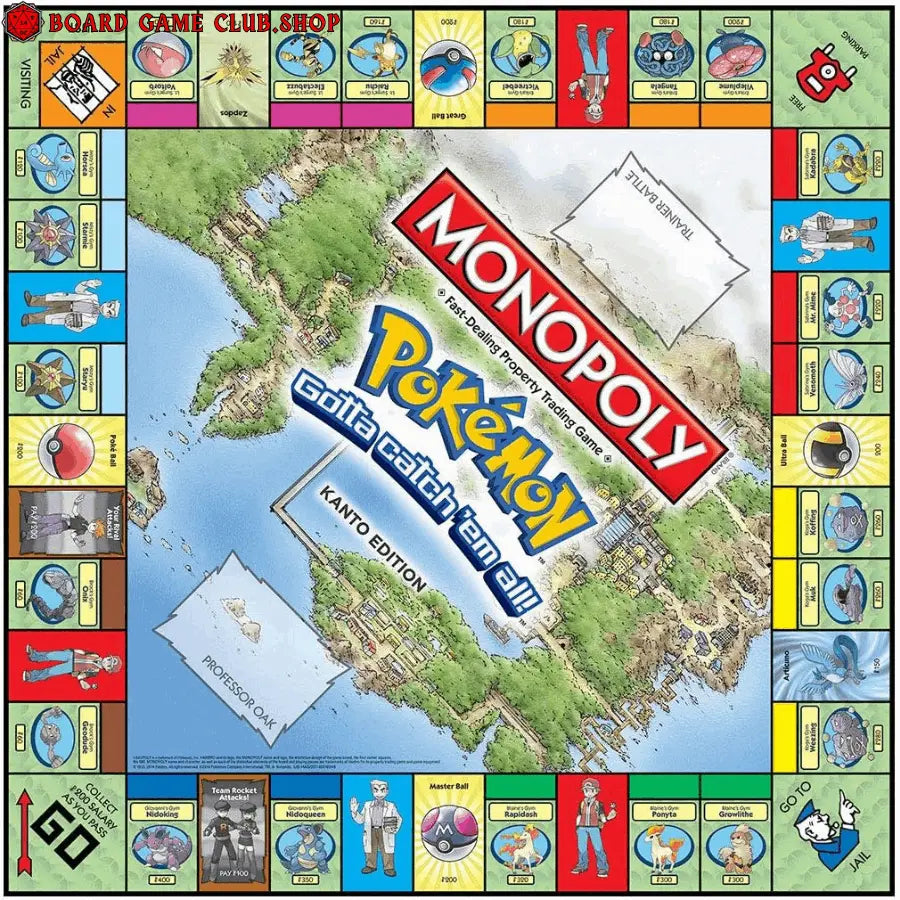Monopoly Pokemon Kanto Edition game board featuring Kanto map and iconic Pokemon characters
