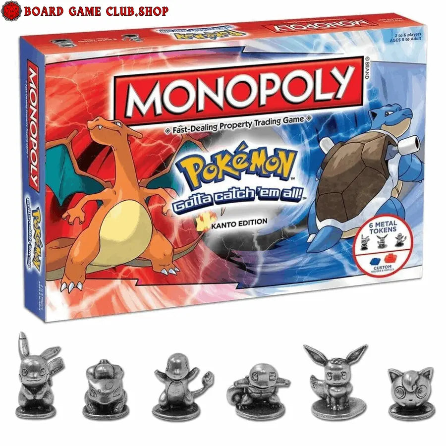 Monopoly Pokemon Kanto Edition board game box with Charizard and Blastoise artwork and six metal tokens