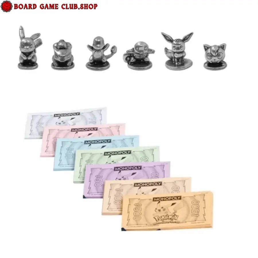 Monopoly Pokemon Kanto Edition game pieces and colorful banknotes featuring iconic Pokemon characters