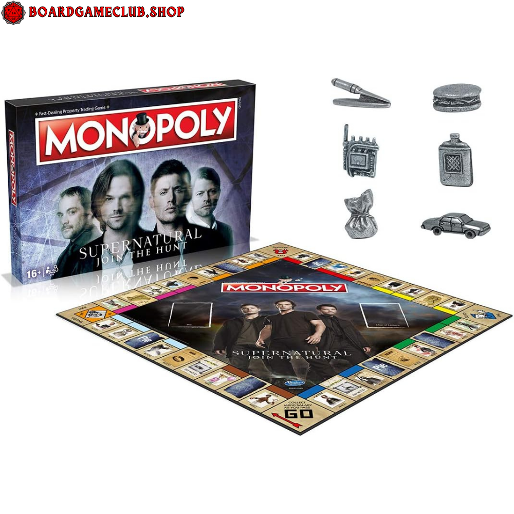Monopoly Supernatural Edition board game with game pieces and themed board featuring characters from the series