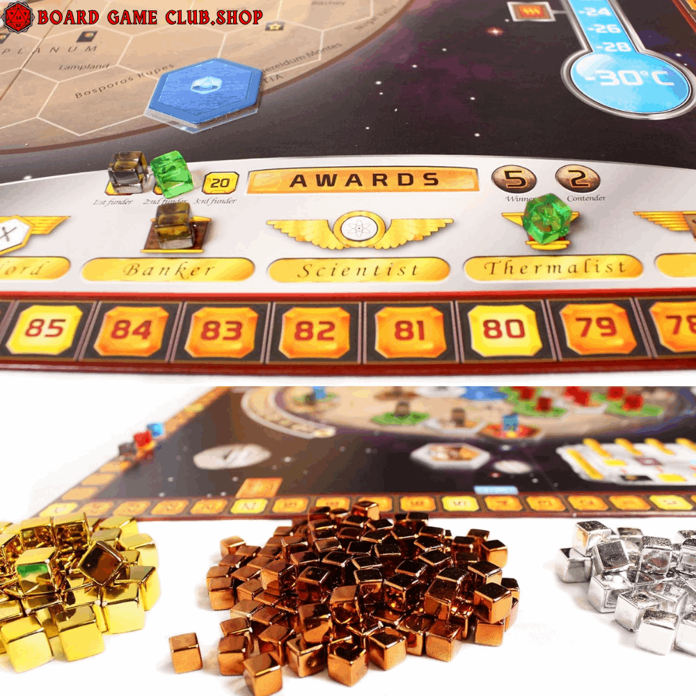 Terraforming Mars Board Game components including resource cubes and game board with awards track