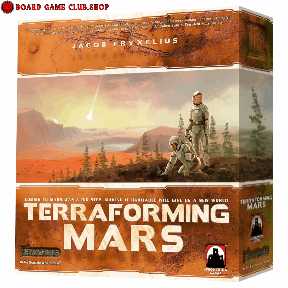 Terraforming Mars Board Game box featuring a futuristic landscape and astronauts preparing Mars for habitability