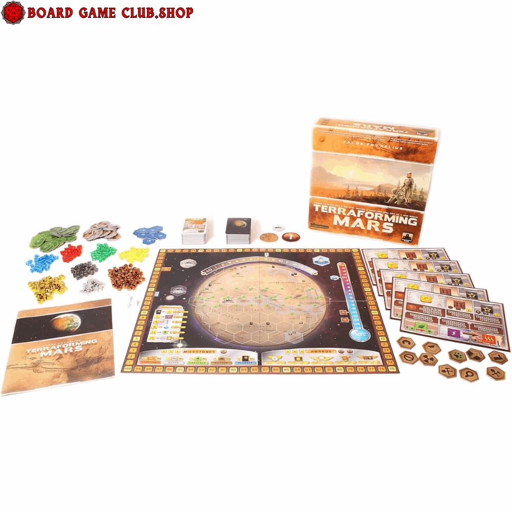Terraforming Mars Board Game with game board, resource tokens, cards, and instructions for strategic gameplay
