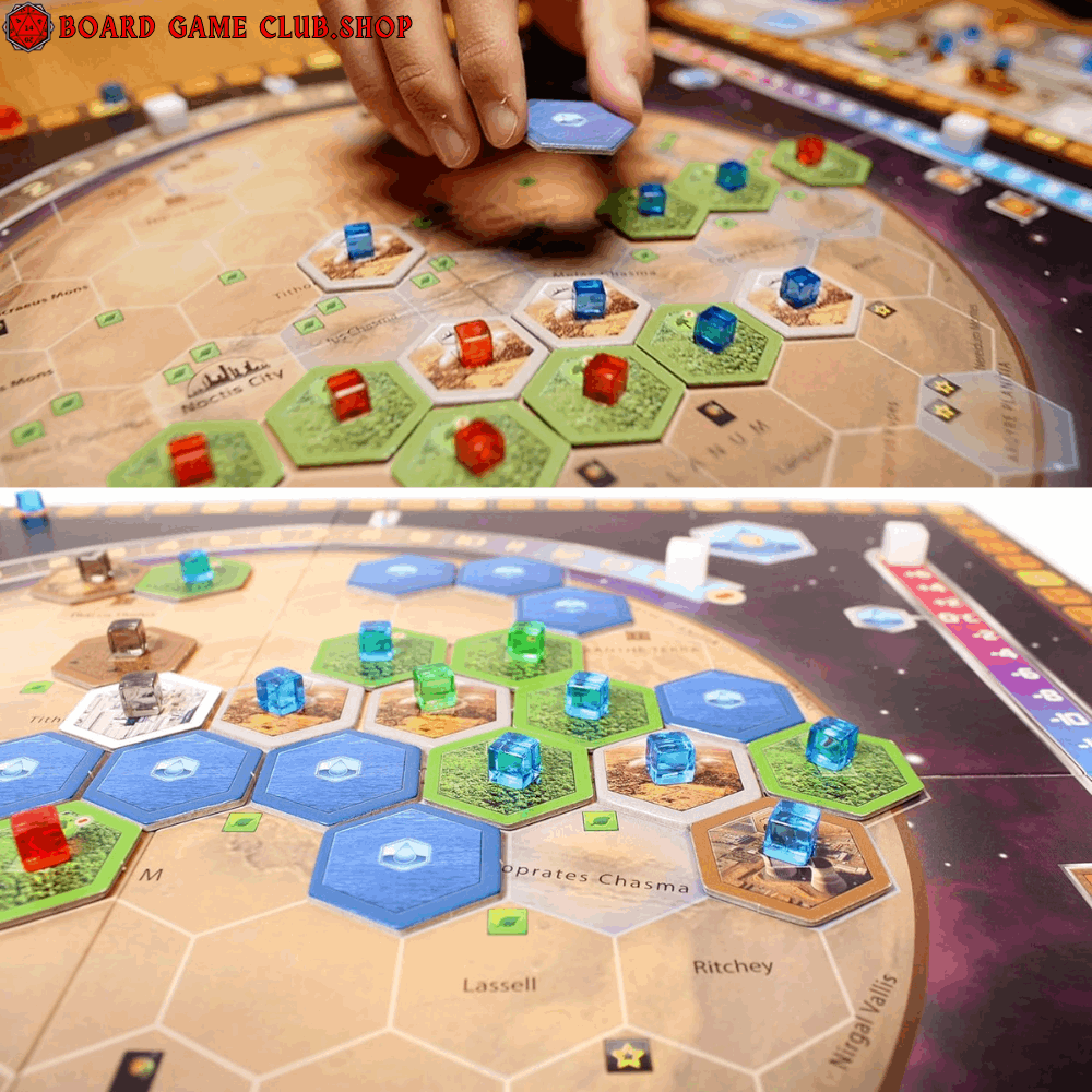 Players engaging with the Terraforming Mars Board Game using hexagonal tiles and resource markers