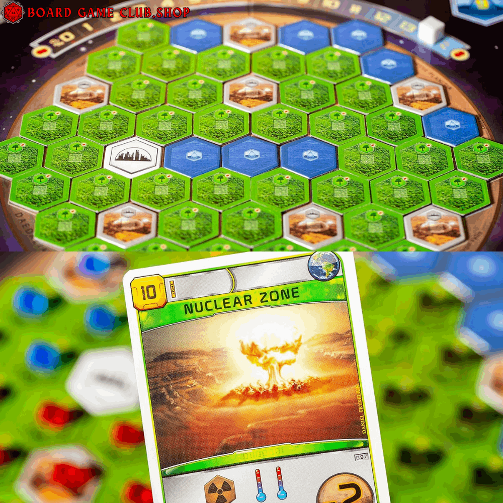 Terraforming Mars Board Game with vibrant hexagonal tiles and various game cards displayed