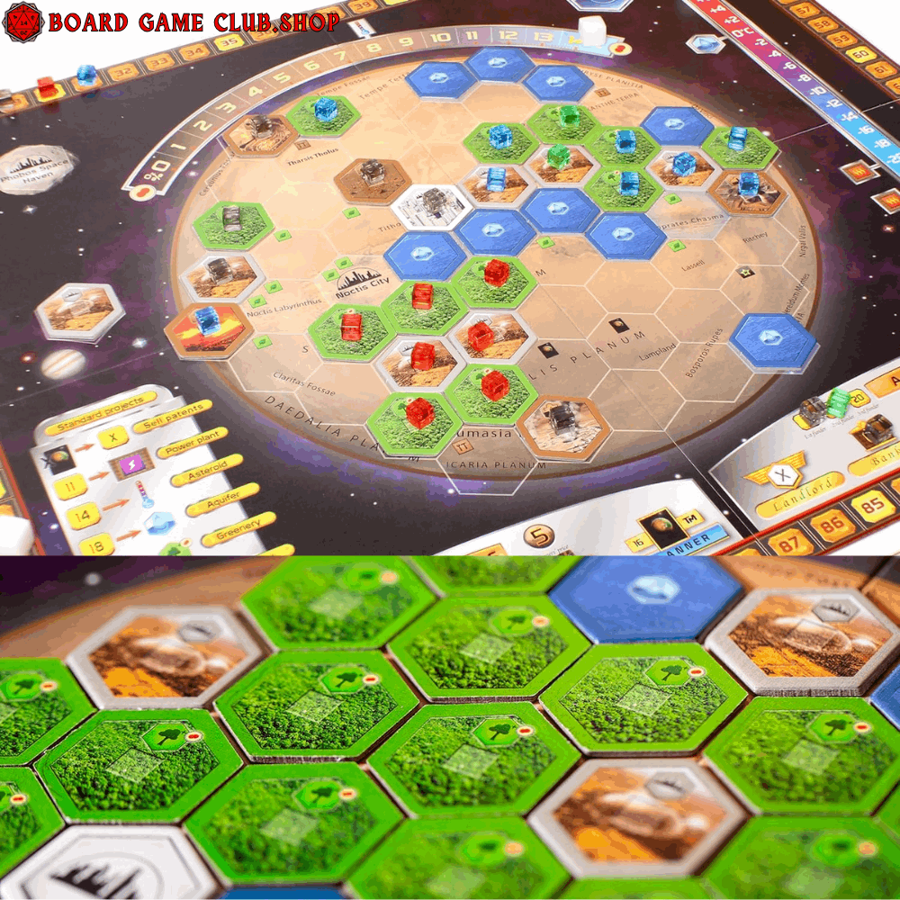 Terraforming Mars Board Game featuring detailed hexagonal game board and resource tiles for strategic play