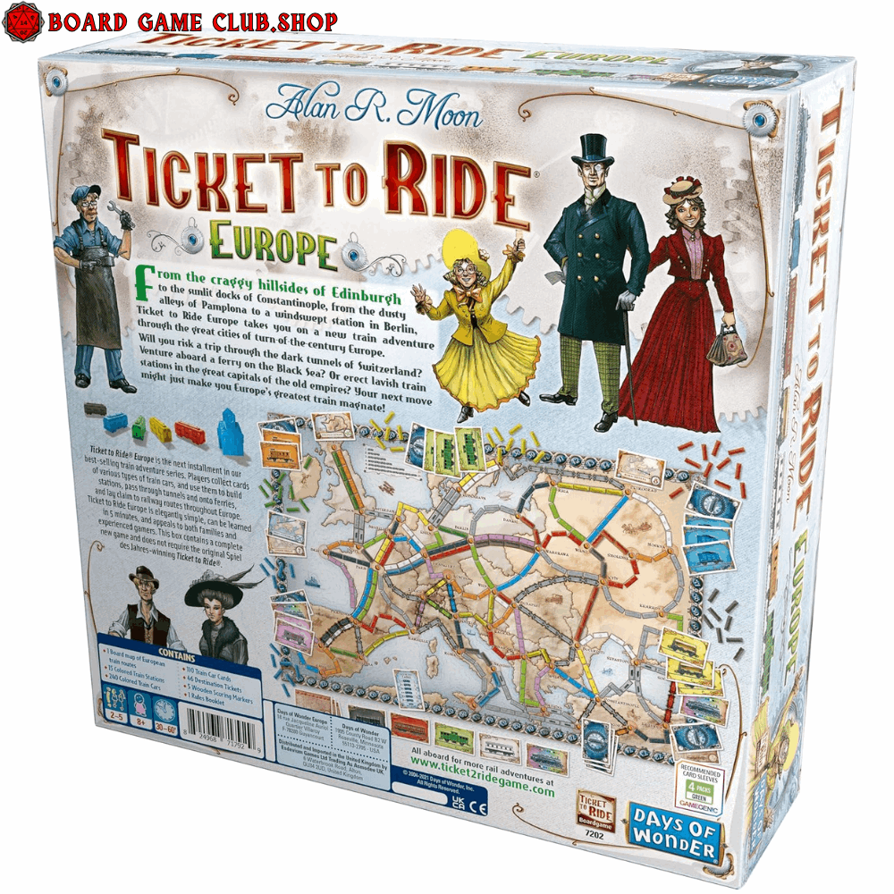 Back cover of Ticket to Ride Europe Board Game showing map, components, and character illustrations