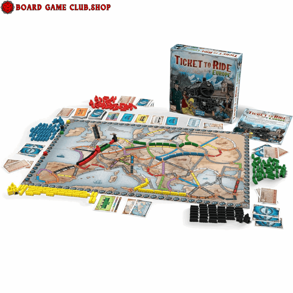 Ticket to Ride Europe Board Game featuring a large game board, colorful train pieces, and player cards