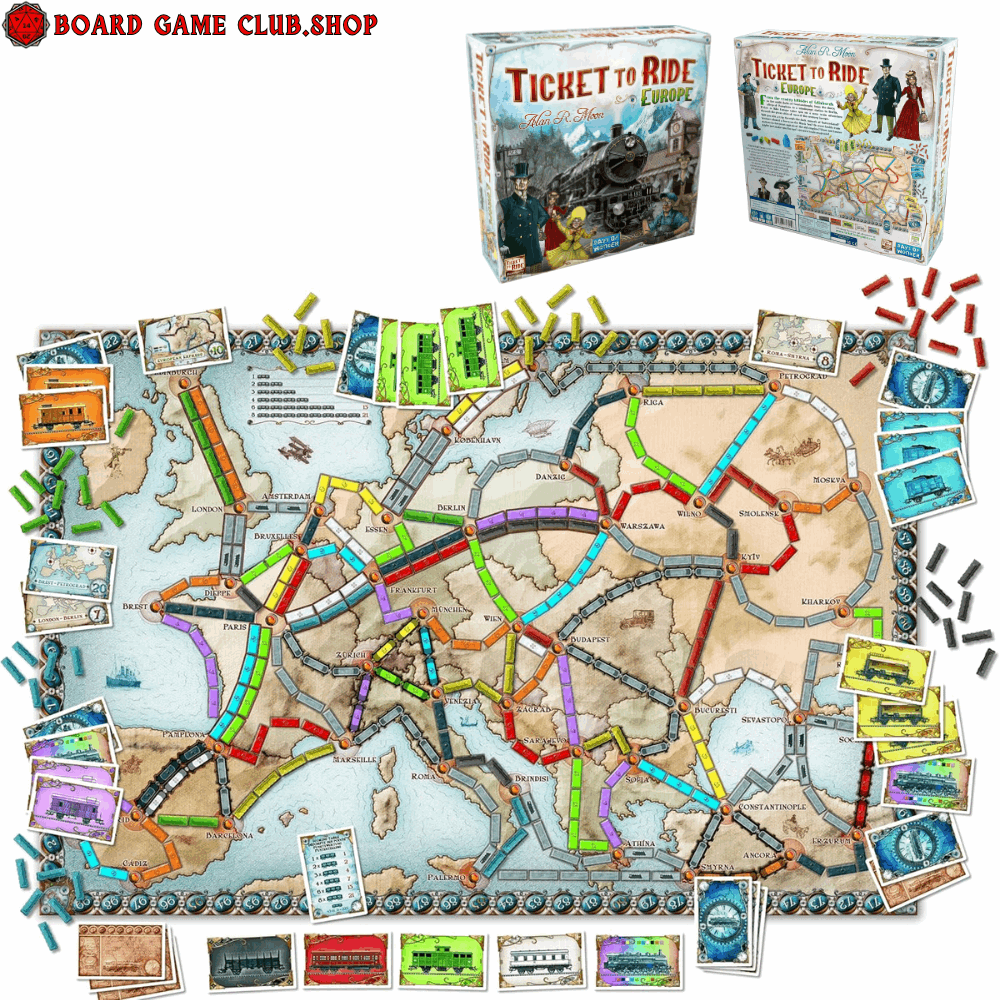 Ticket to Ride Europe Board Game with colorful train routes and destination cards on a map of Europe