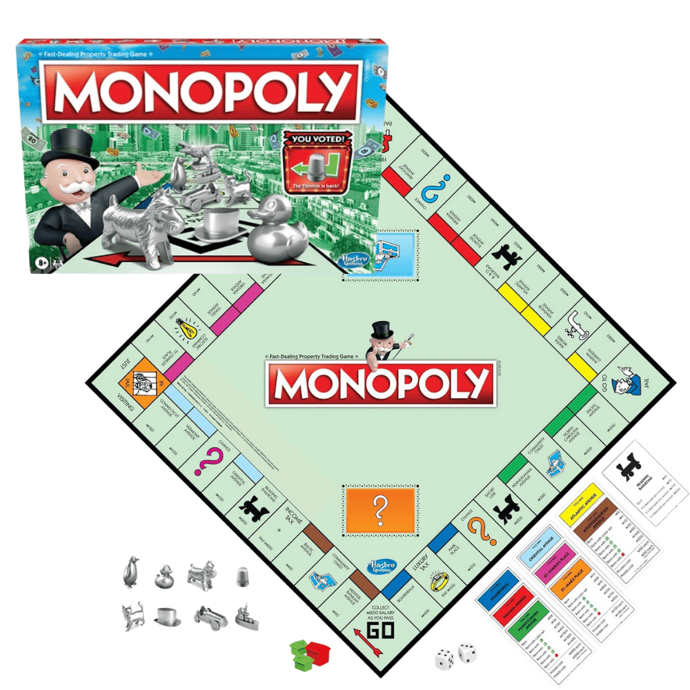 Monopoly board game with pieces, money, and instructions on how to play Monopoly