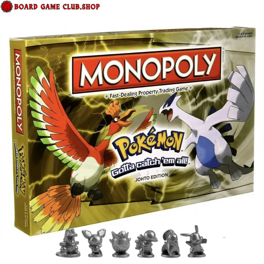 Monopoly Pokemon Johto Edition Box with Game Pieces Showing How to Play Monopoly Pokémon Johto