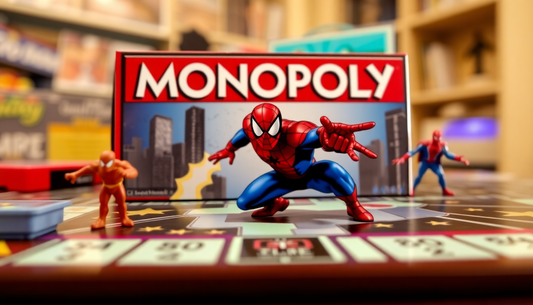 Exciting scene from Monopoly Junior game featuring Spider-Man characters and game board