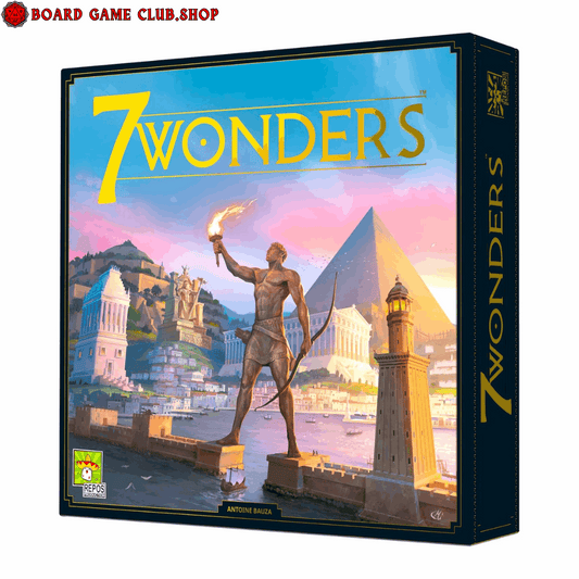 7 Wonders Board Game box featuring ancient cities and a towering statue with pyramids in the background