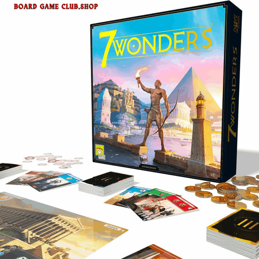 7 Wonders Board Game with colorful cards, coins, and a vibrant box showcasing ancient civilization artwork