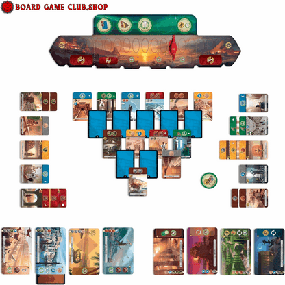 7 Wonders Duel Board Game setup featuring cards, tokens, and player boards for strategic gameplay
